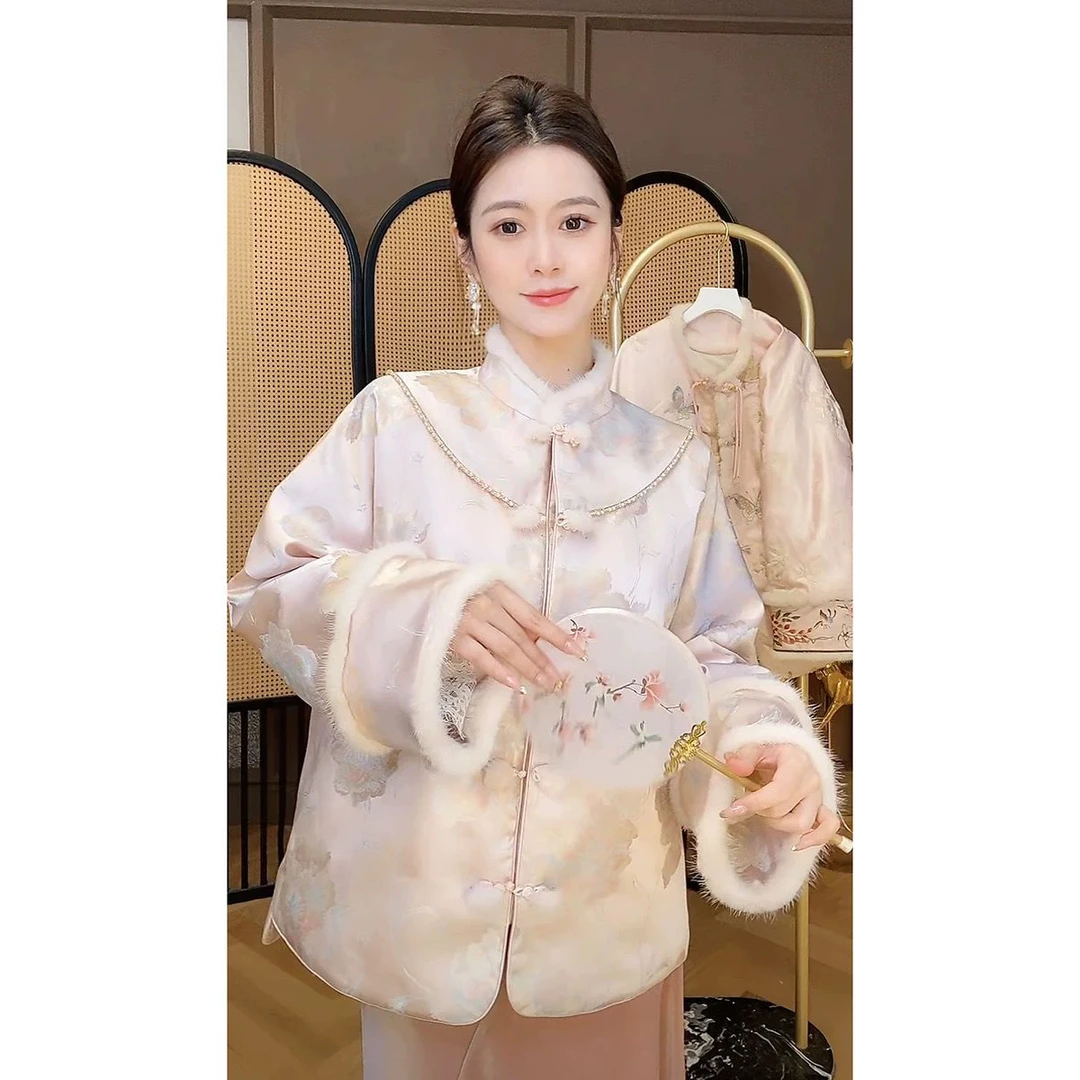 M.W嫚维】新中式立领人丝提花水貂毛保暖  W023#  CZX