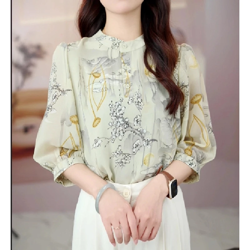 荷塘月色高端轻奢减龄新款衬衫七分袖百搭宽松显瘦衬衣气质上衣