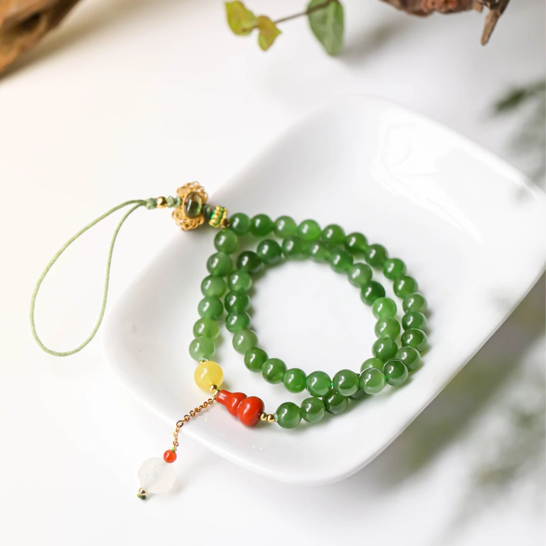 【碧玉挂件】瑾玉 和田玉碧玉6mm设计款挂件手机挂 I1665-1