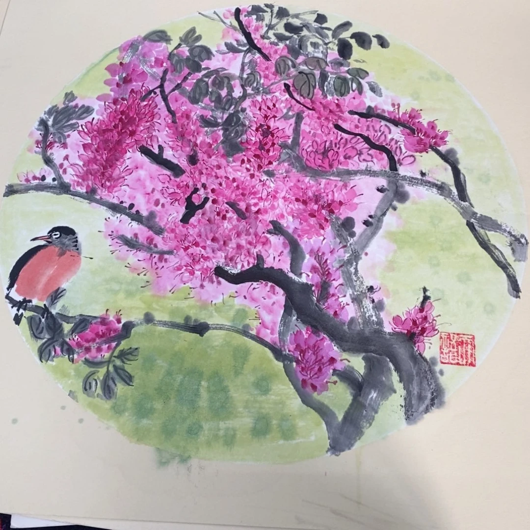 国画啊*?斗方卡纸花鸟朱
