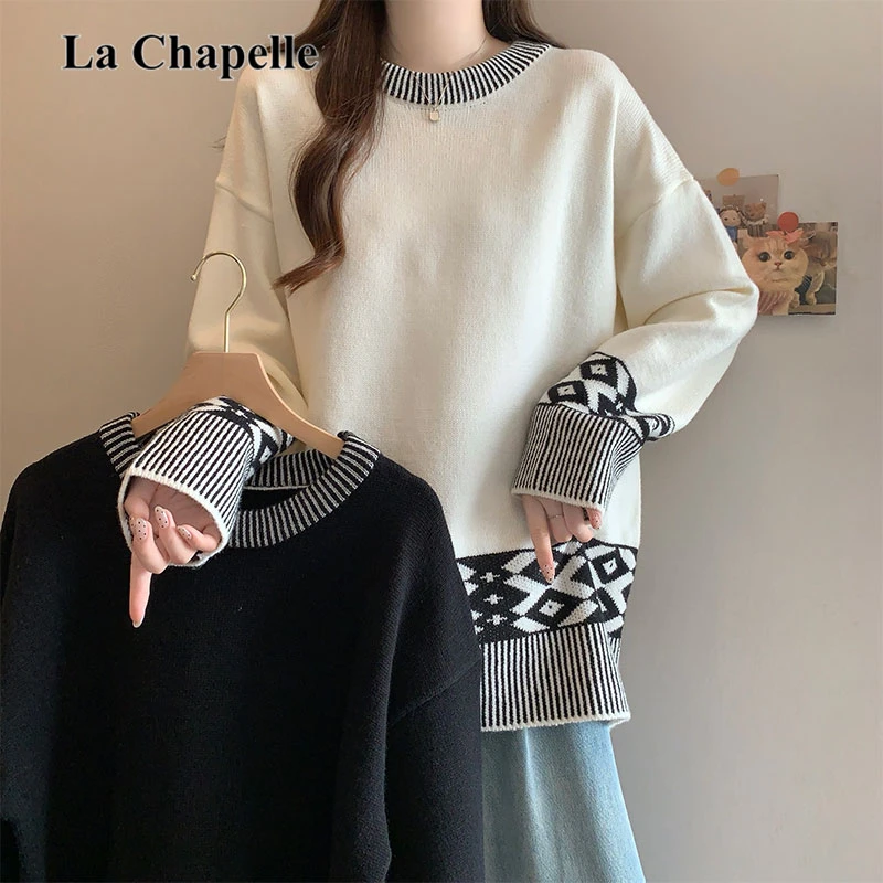 拉夏贝尔大码带帽子毛衣女秋冬胖MM显瘦宽松慵懒风上衣复古针织衫