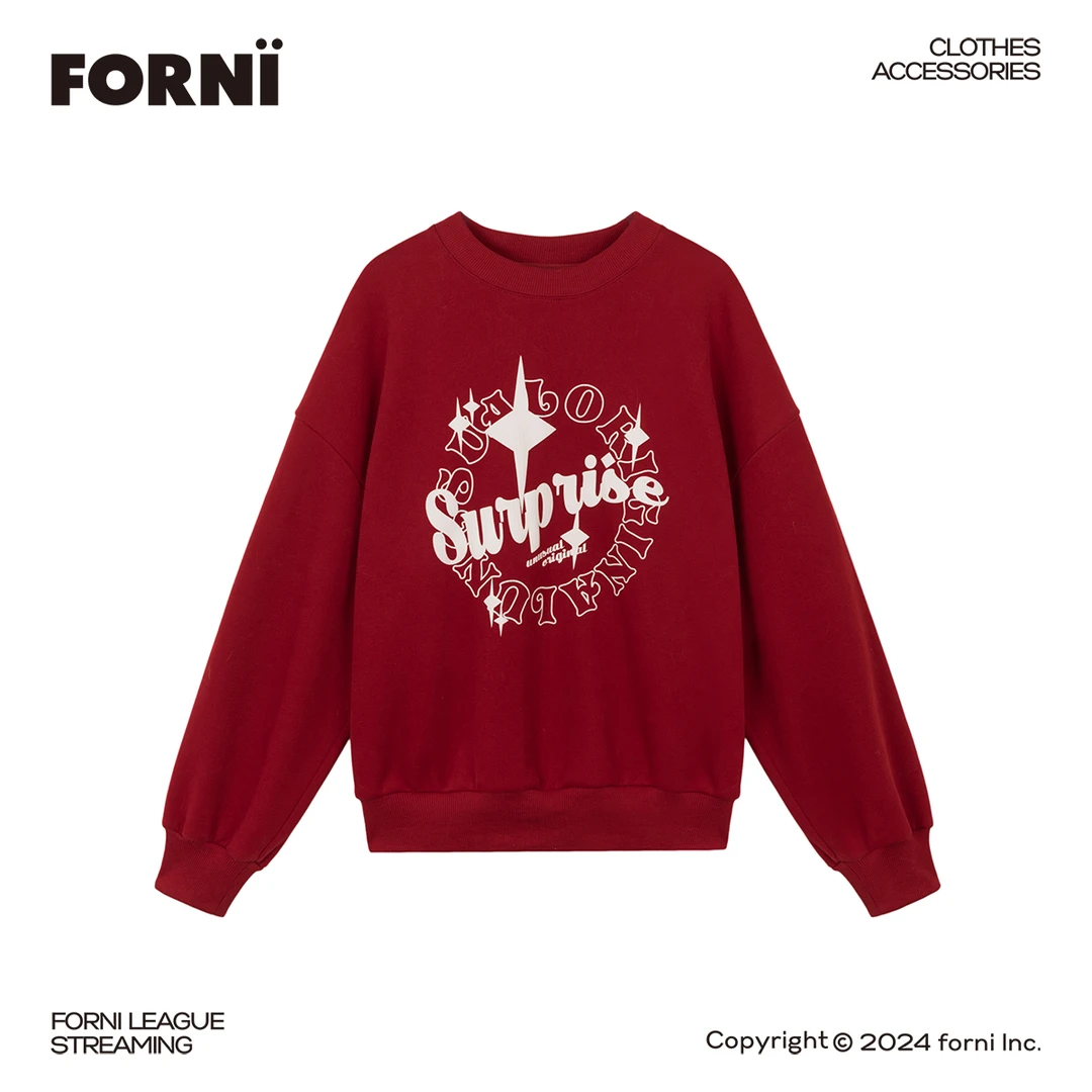 FORNI × YOYO 节日感 加绒长袖时尚休闲百搭红色宽松印花套头卫衣