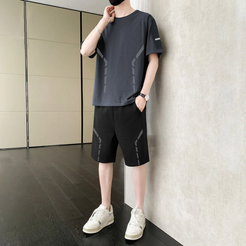 2025夏季男运动休闲两件套健身跑步训练透气冰丝凉感弹力短袖套装