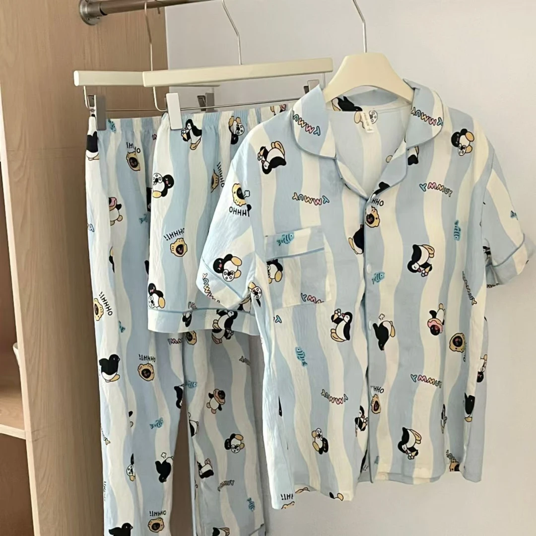 俏蒂舒【曲线条纹企鹅】云感绵细纱开衫甜美卡通家居服套装夏季