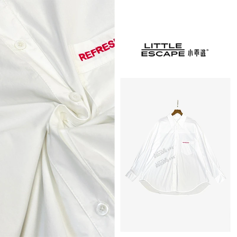 小乖逃双色衬衣 白色粉色衬衫单口袋字母衬衫绣上衣 S25159