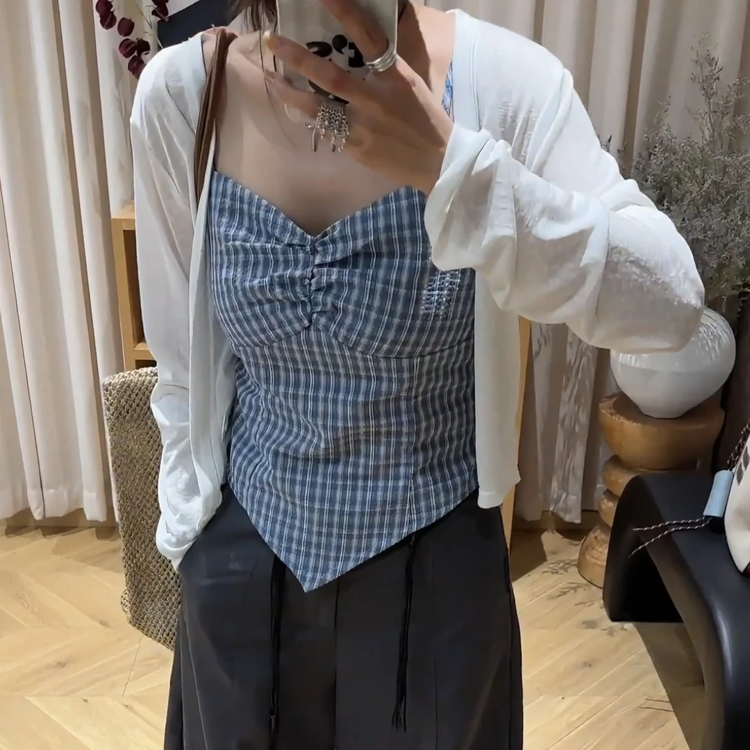 大码女装胖mm格子显瘦气质吊带套装夏季防晒开衫背心上衣两件套