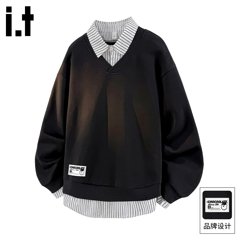 it :CHOCOOLATE假两件翻领卫衣男春秋潮流复古设计感宽松休闲外套