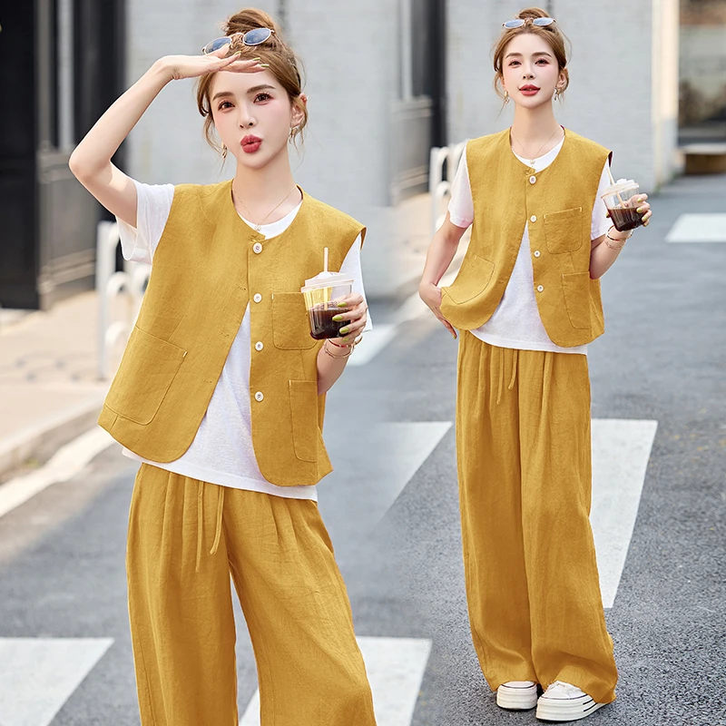 小香风坎肩马甲套装女2025夏季新款休闲时尚洋气减龄阔腿裤三件套