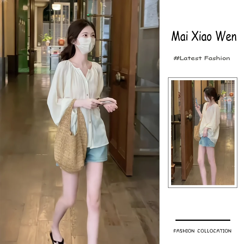 夏季流行穿搭一整套女新款2025韩系甜美风宽松衬衫牛仔短裤两件套