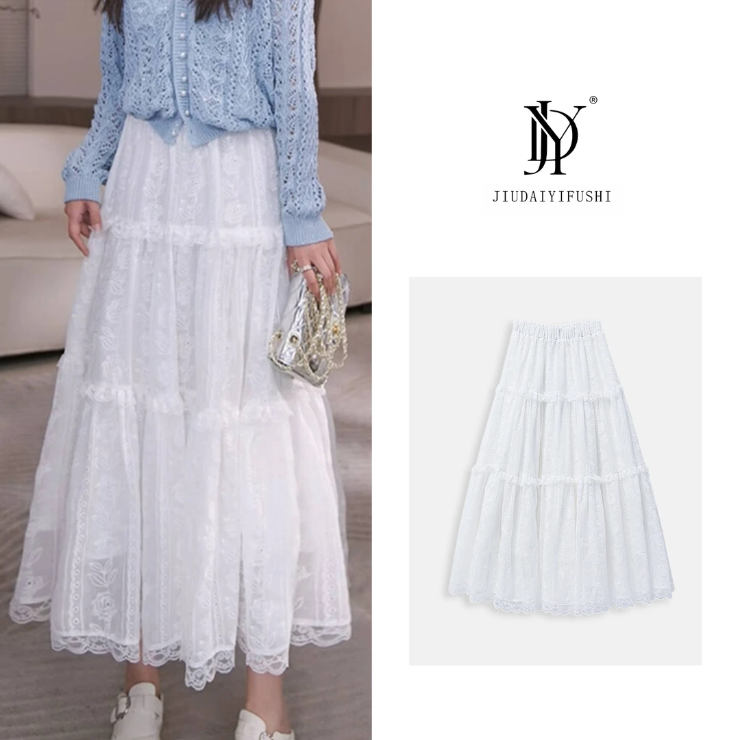 玖黛衣 【重工刺绣裙】时尚休闲百搭白色高腰网纱半身裙 QZJ38105