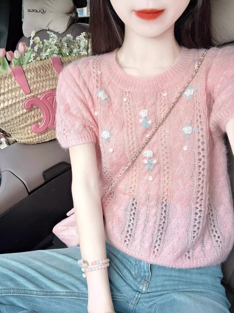 韩版设计感镂空钩花短袖针织衫女夏季新款宽松温柔风粉色减龄上衣