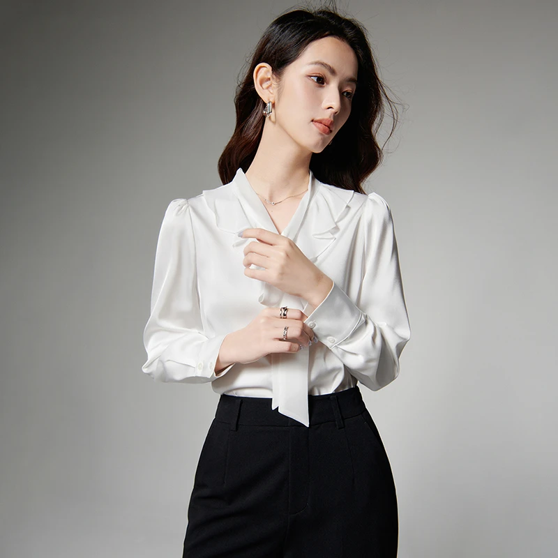 晚白【新品】2025花边系带衬衫衬衫女25071830