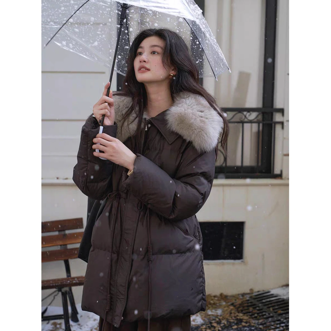 DUCURNO高级感毛领羽绒服女冬季2026新款时尚收腰中长款加厚外套