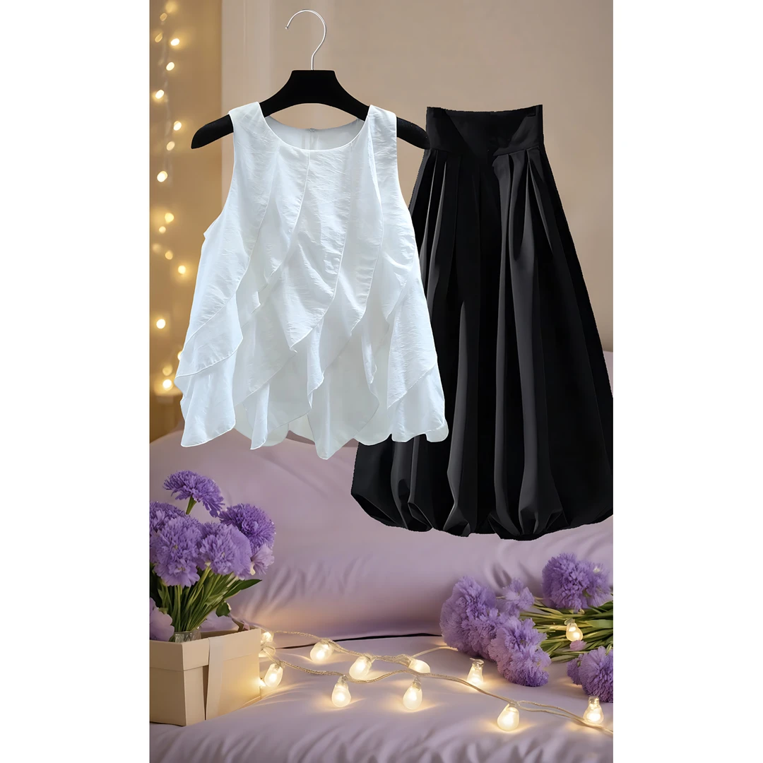 2025夏季套装韩版气质拼接圆领黑色套头衬衫赫本花苞半身裙子女