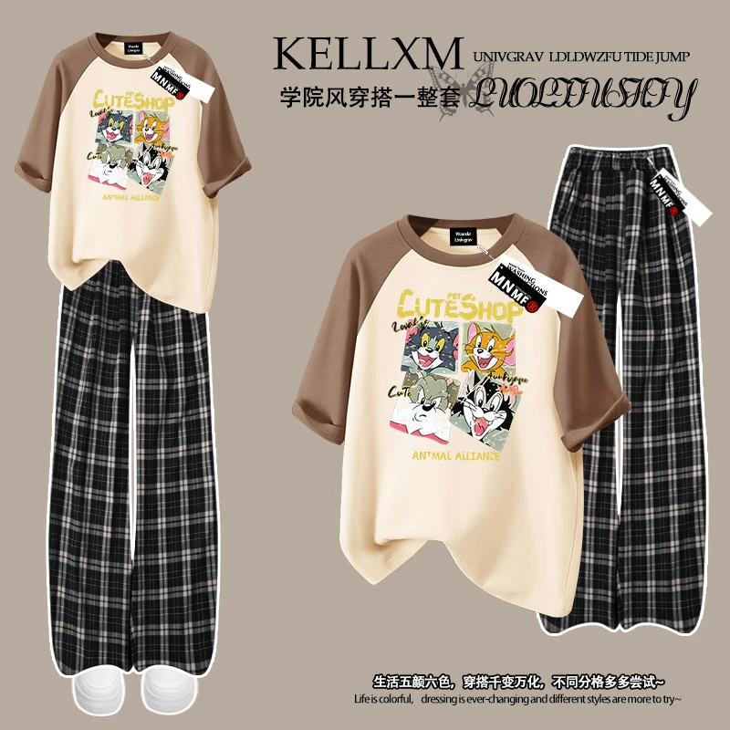 夏季2025新款女童插肩短袖格子裤套装经典猫和老鼠印花中大童上衣