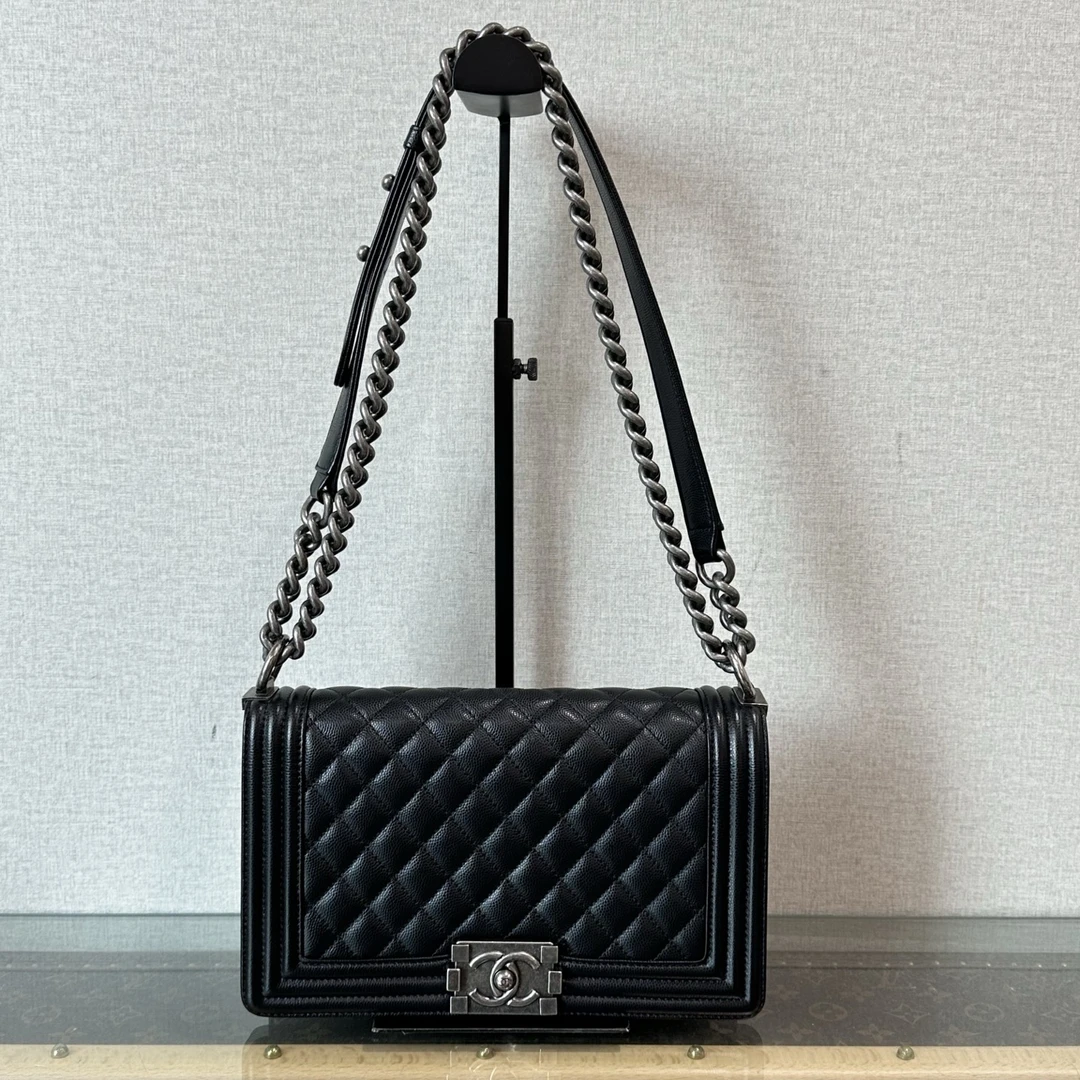 95新 Chanel/香奈儿 黑银荔枝牛皮Leboy中号链条包 11749