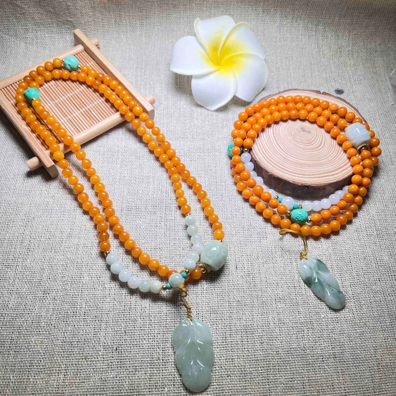 【小魏总珠宝】天然老蜜蜡翡翠叶子毛衣链（5.6mm）【多样性发一】