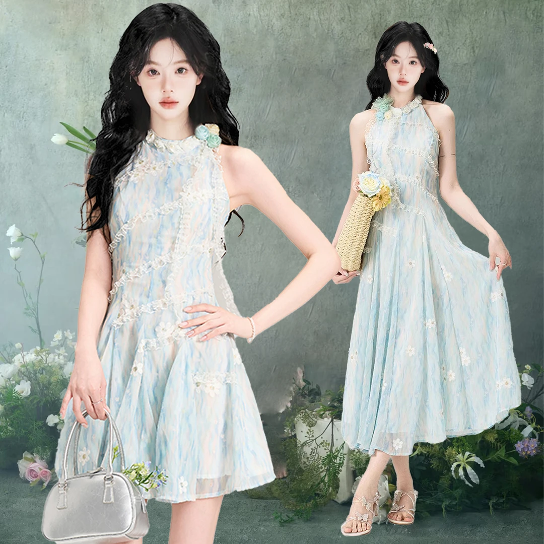 夏小个子无袖挂脖连衣裙女夏季新款海边度假风碎花短裙a字裙长裙