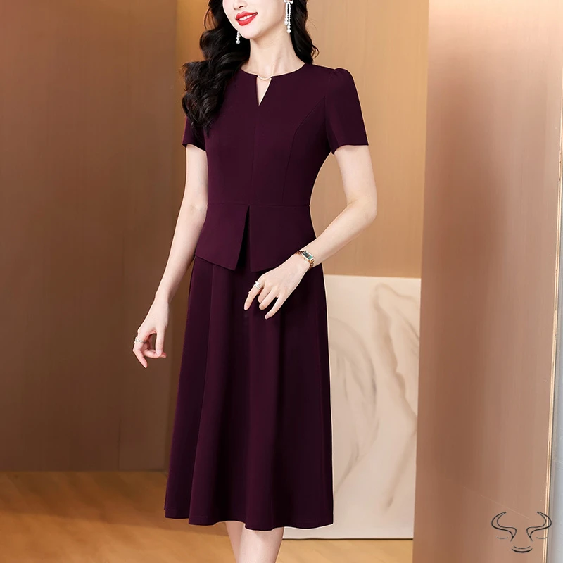 2025酒红色假两件连衣裙夏季色气质优雅显瘦短袖连衣裙