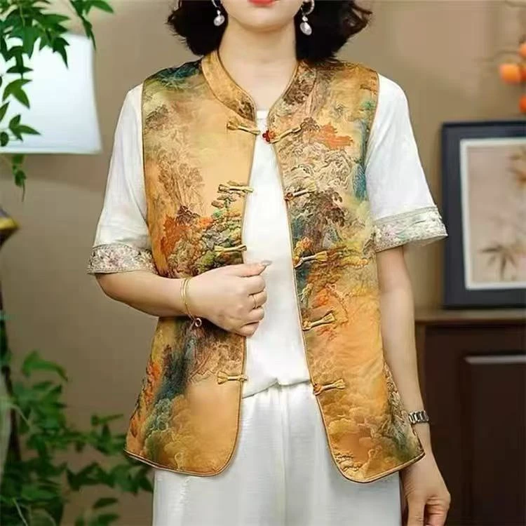 【迎客松】新款国风中式加棉加厚女士上衣无袖马甲-202504