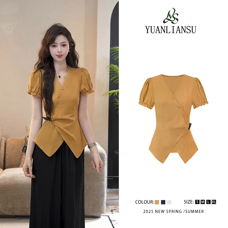 YUANLIANSU/圆脸酥【爱在诗中】时尚气质高级感V领显瘦衬衫上衣女