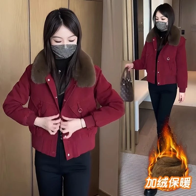 短款保暖女冬季毛领短外套加绒加厚秋冬时尚棉衣派克服小个子棉衣