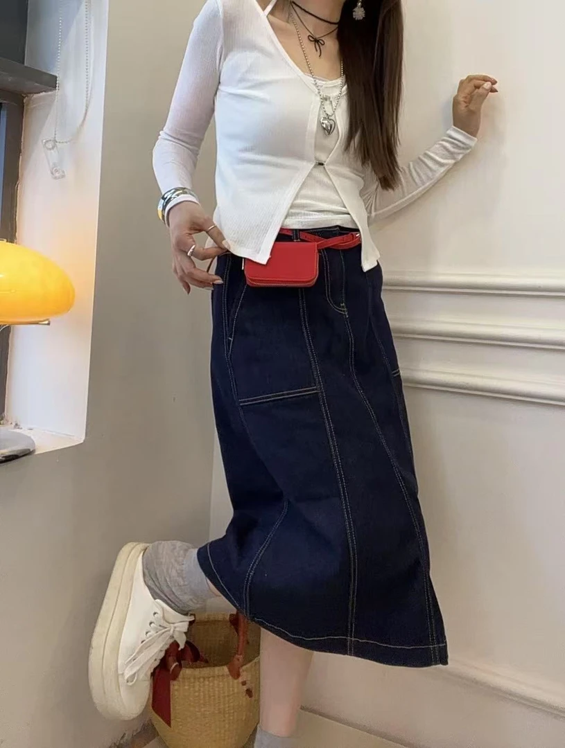 the white｜正品韩代「那白」牛仔半裙显瘦高腰设计感时尚A字