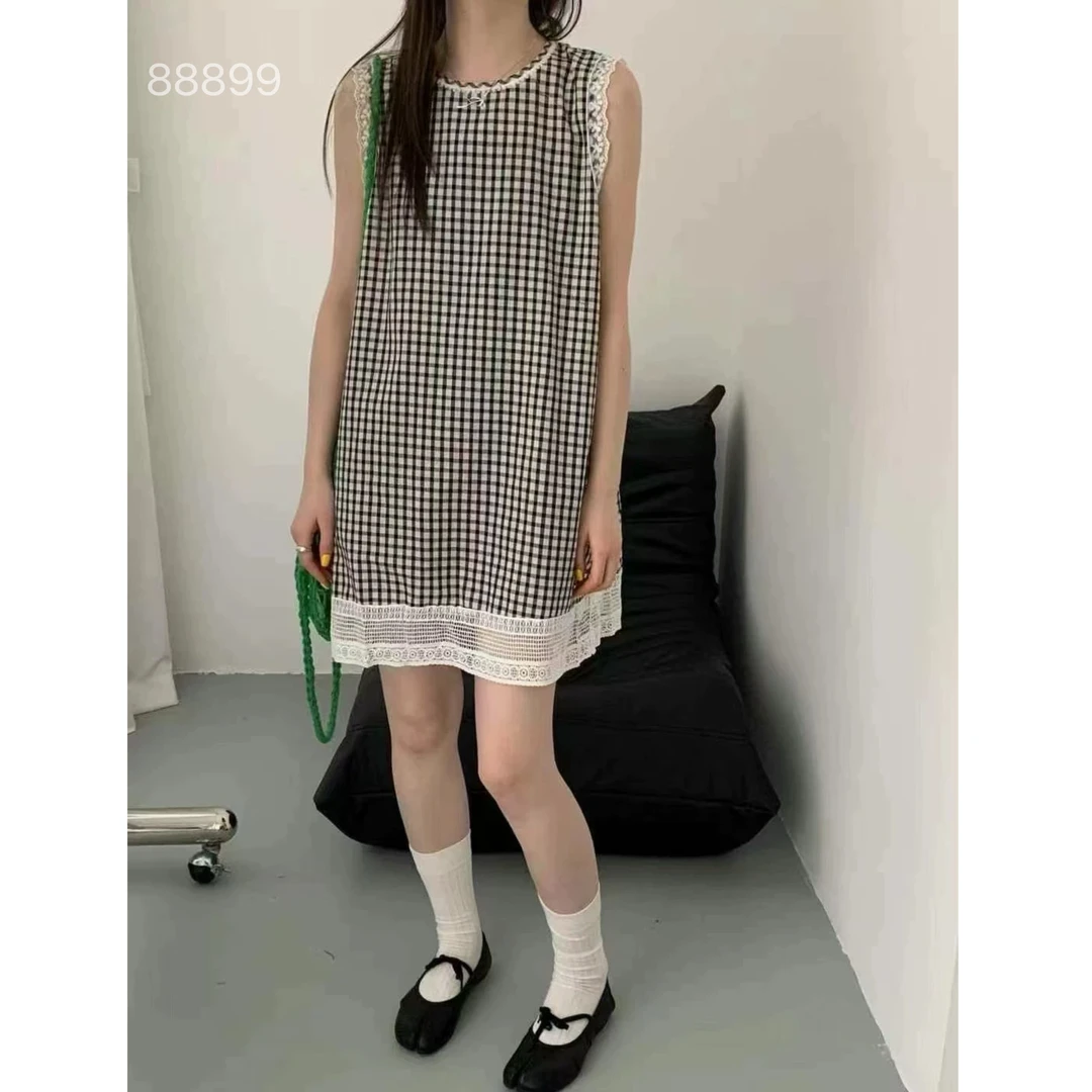 88899 裙长89cm左右SANFAN  新款韩系蕾丝拼接格纹无袖背心