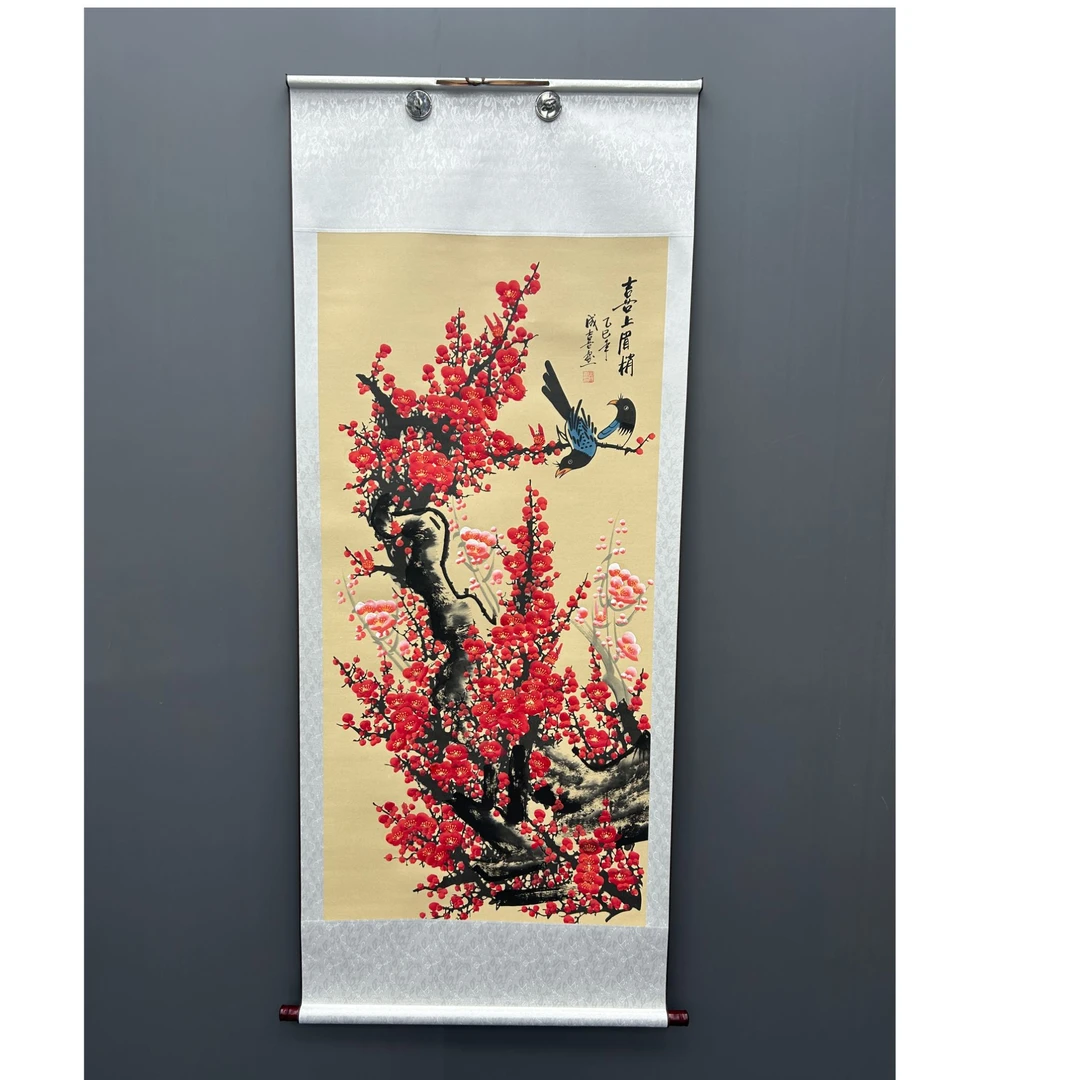 【闪购链接】四尺仿古红梅《喜上眉梢》精品卷轴装裱装饰画