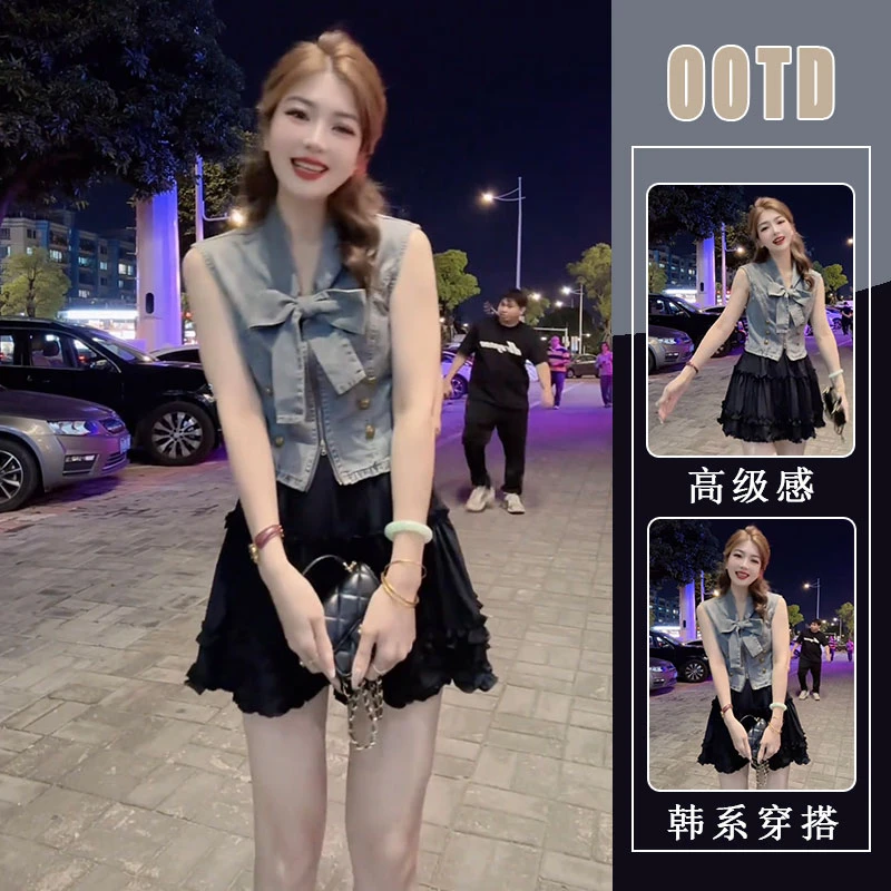 韩版时尚一整套设计感蝴蝶结百搭显瘦无袖上衣显瘦蛋糕裙两件套女