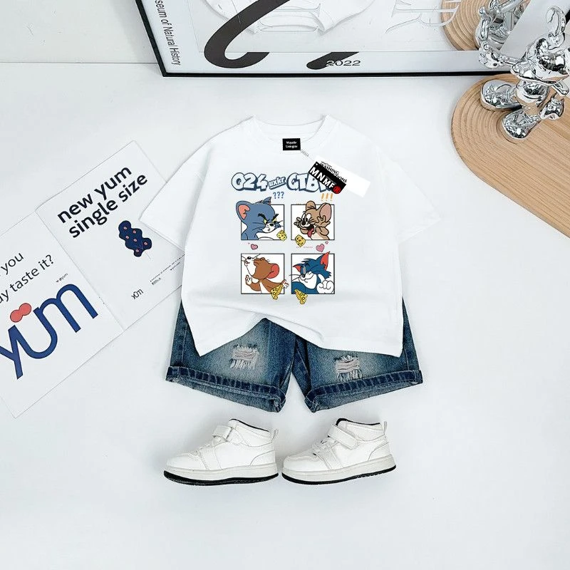 2025夏季可爱搞怪杰瑞印花男童纯棉夏季t恤短袖中大童上衣#V8987