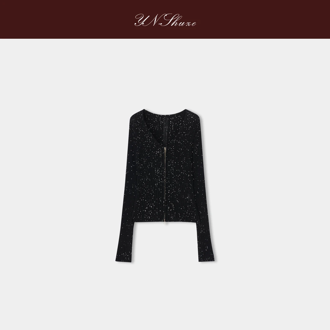 YN-SHUZE【浮光】轻奢气质亮片双拉链针织开衫SZ-YNB-MY0219
