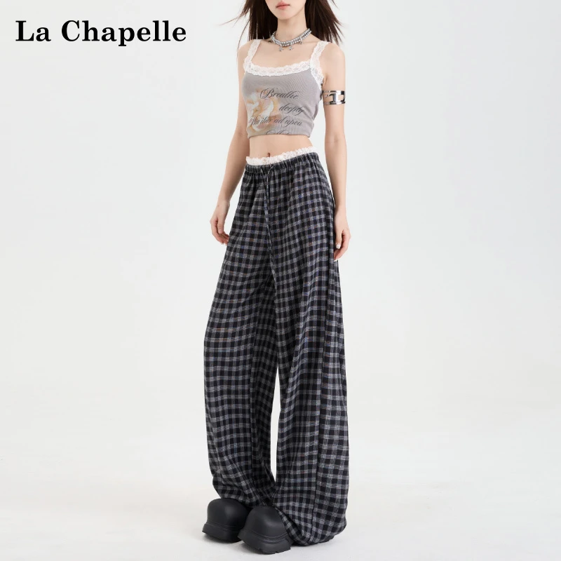 【拉夏贝尔】拼接格子撞色休闲裤春夏新款格子拼接裤高腰蓝格子阔腿