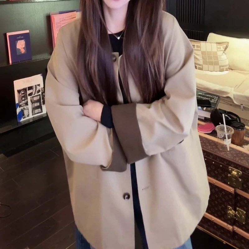 2025春秋季新款风衣女小个子中长款休闲高级感撞色宽松双排扣外套