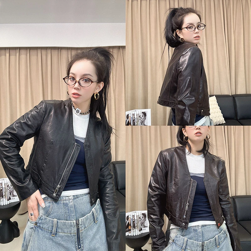 2025新款真皮皮衣女短款绵羊皮夹克外套V领显瘦机车服时尚上衣潮