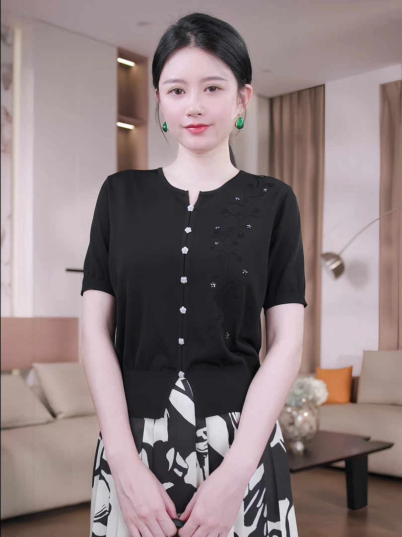 Nuovo Borgo 国风优雅提花简约圆领短袖针织衫宽松休闲上衣女8105