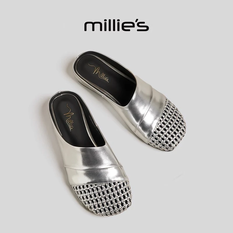 MILLIE'S/妙丽圆头平底网纱镶钻软面独特别致时尚休闲包头拖鞋女￥