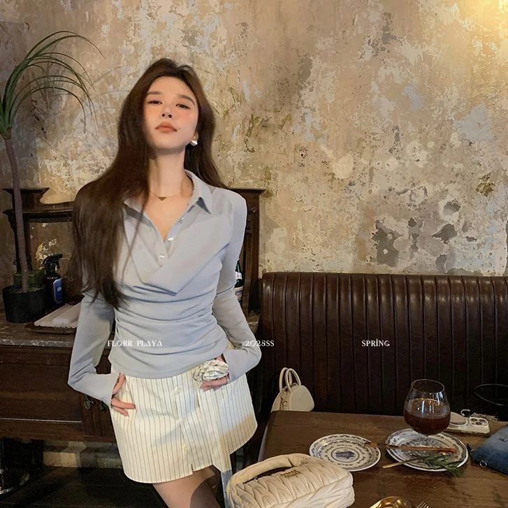 花花媛Florr Playa 假两件针织衫女春修身显瘦长袖polo领长袖上衣