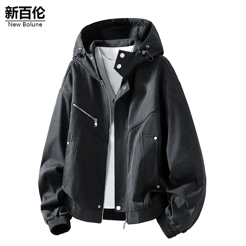 新百伦/NEW BOLUNE黑色冲锋衣男士秋季新款连帽黑色痞帅夹克外套