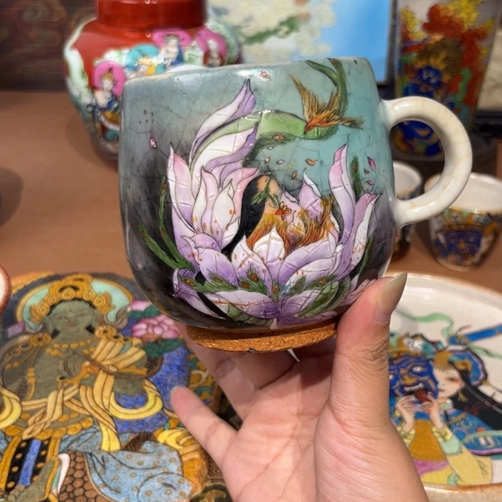 手工手绘山海茶杯