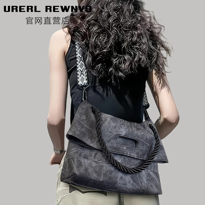 URERL REWNVO织带仿牛仔托特包女2025新款通勤大容量斜挎包大挎包