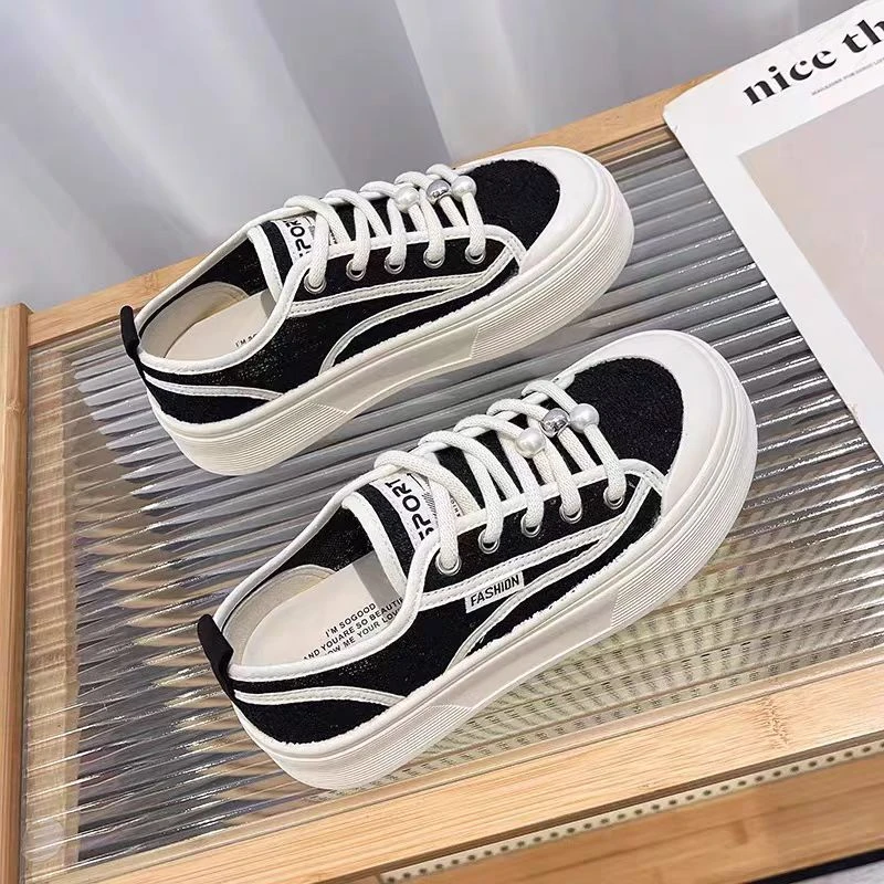 K02 黑色 小白鞋女2025新款透气网面鞋百搭小众面包鞋厚底板鞋