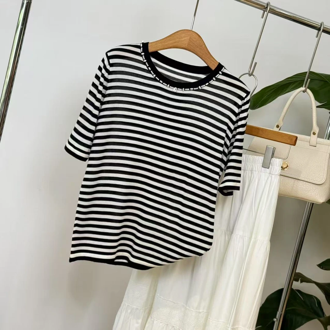 休闲宽松圆领条纹短袖ZBS33086衣长58