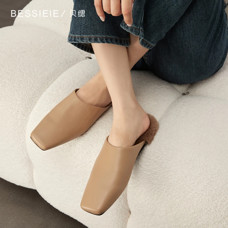 BESSIEIE/贝缌 毛毛慵懒穆勒拖平底毛毛鞋