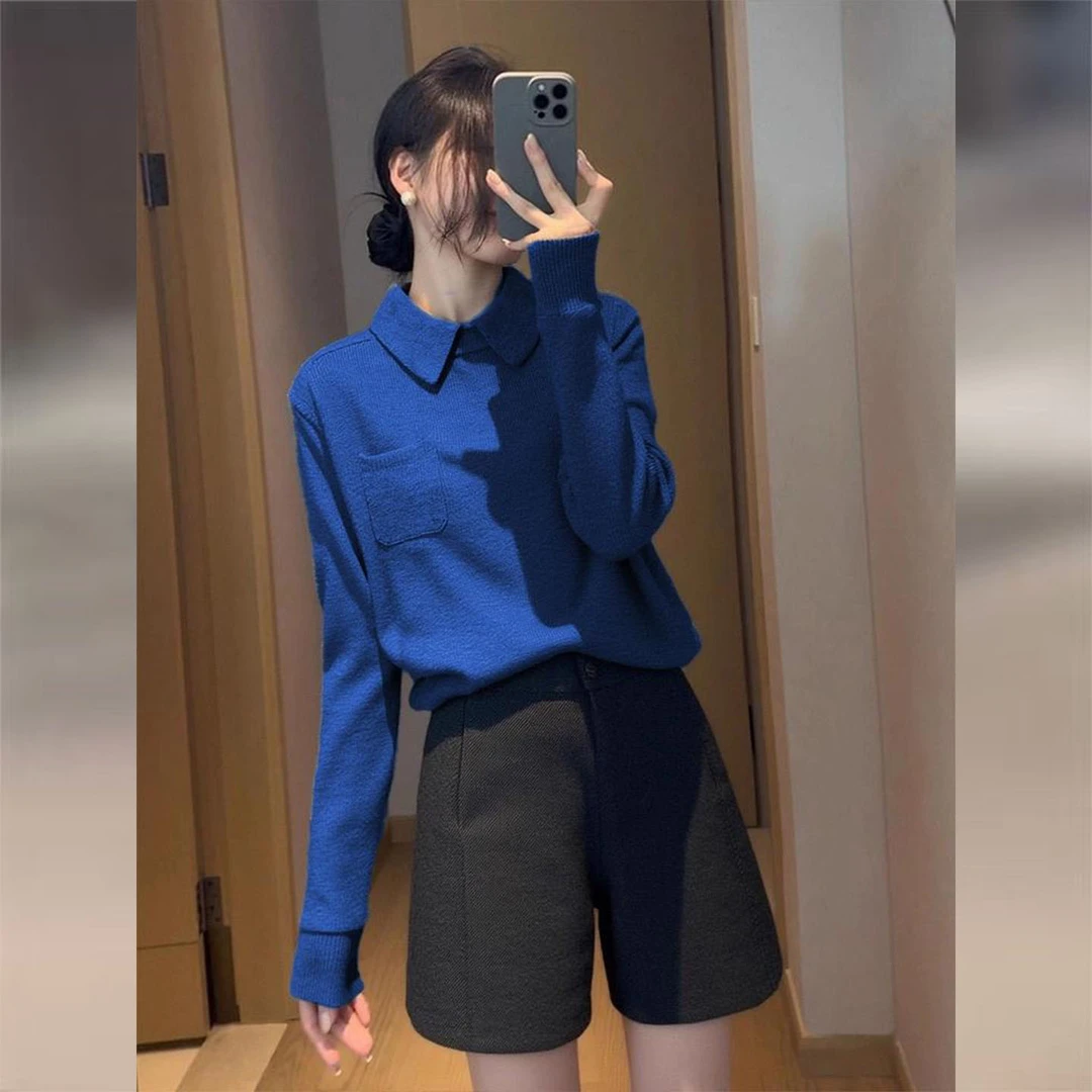 克莱因蓝翻领打底毛衣女2025秋新款慵懒高级感短款内搭针织衫上衣