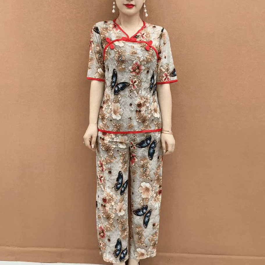 [上衣+裤子]夏季新中式印花短袖显瘦休闲中老年女外穿薄款夏套装