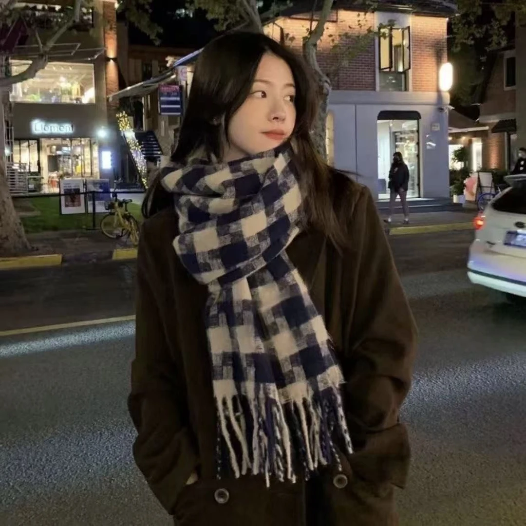 【围巾】格子流苏 藏青色