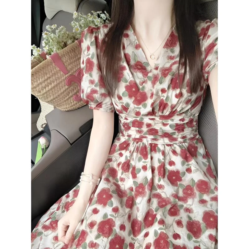 大码茶歇法式连衣裙女装夏季气质女神范碎花裙胖MM显瘦高级感裙子