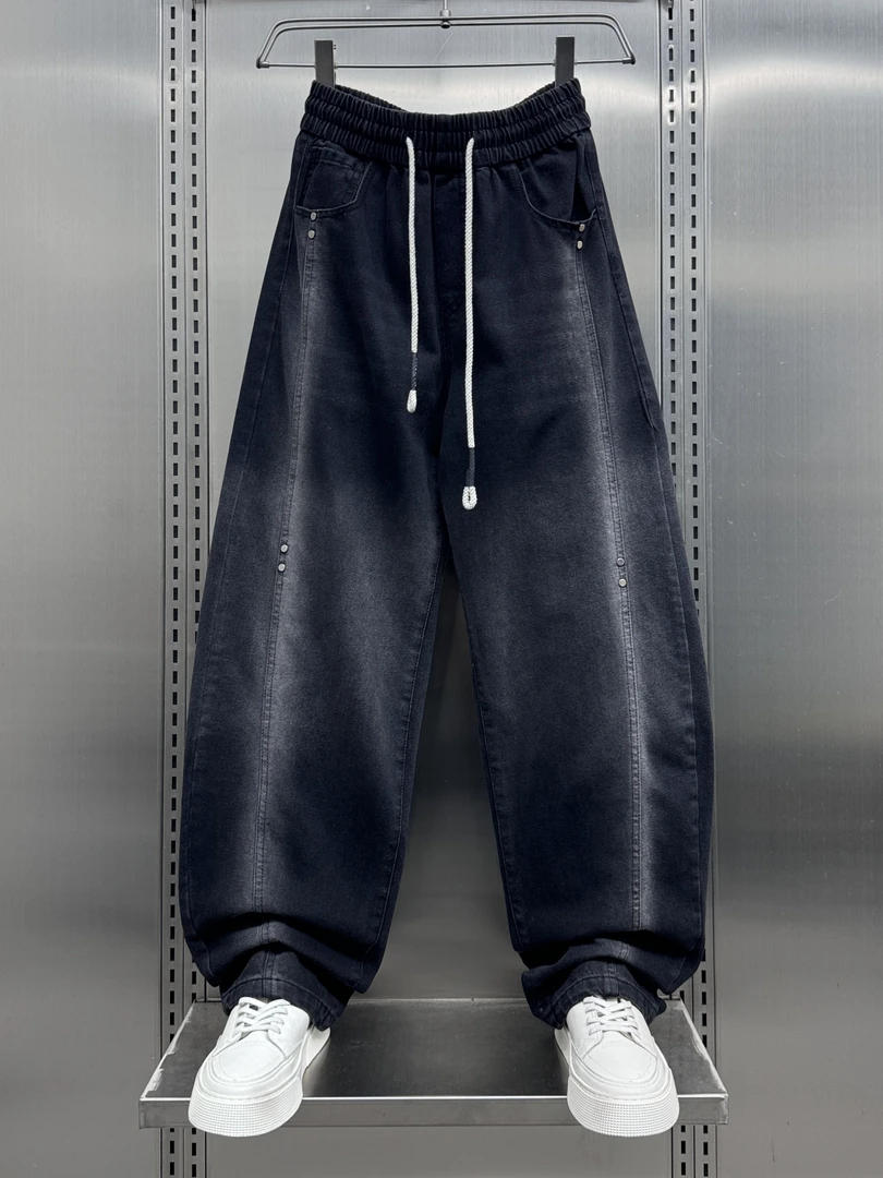 新款拼接系带男士宽松弯刀牛仔裤九分春秋夏季胖子直筒百搭复古