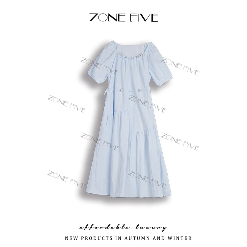 【zonefive】2025夏新设计感显瘦圆领泡泡袖收腰超美连衣裙